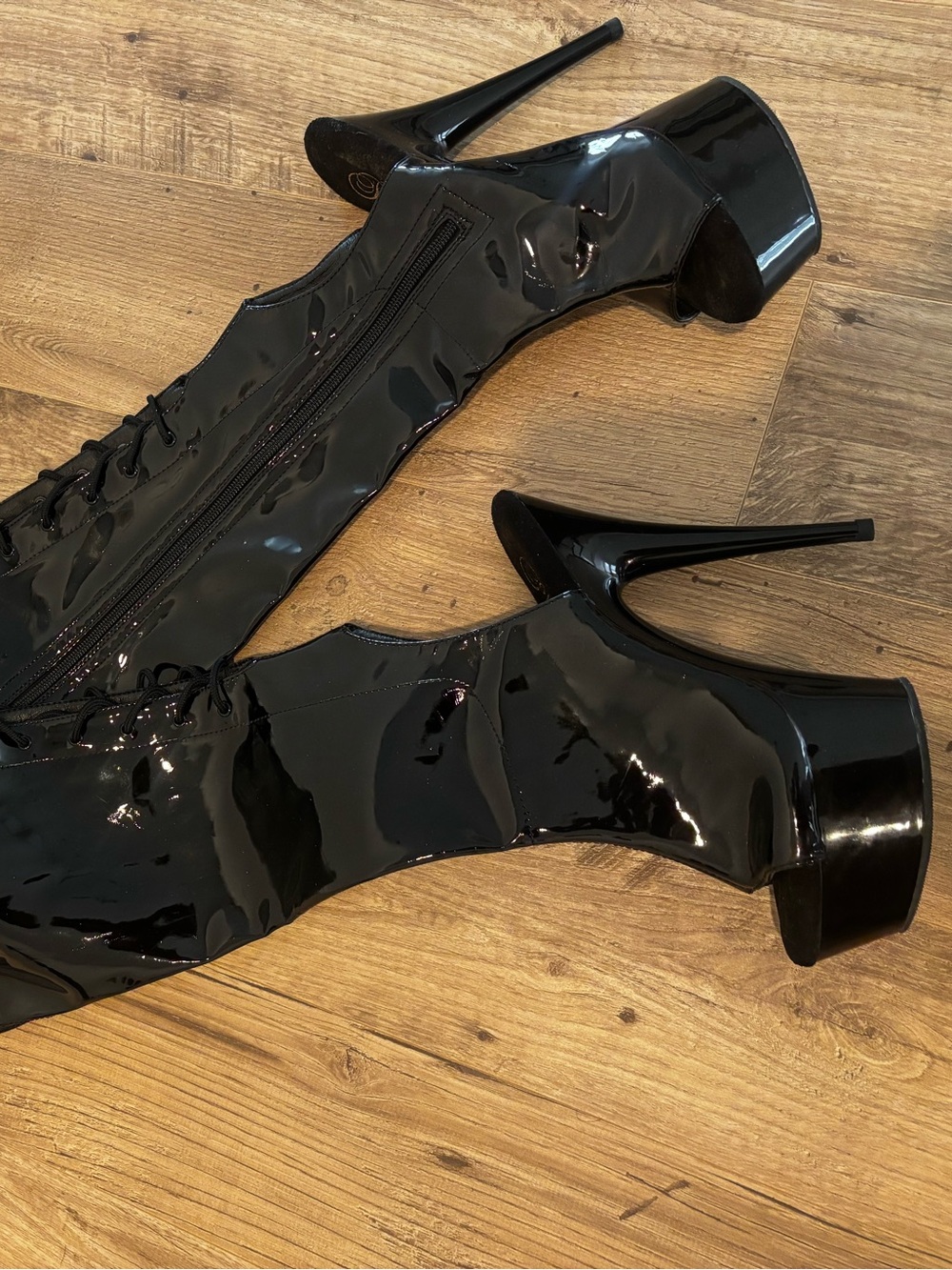 Pleaser Black Patent Over-the-Knee Lace-Up Stiletto Boots